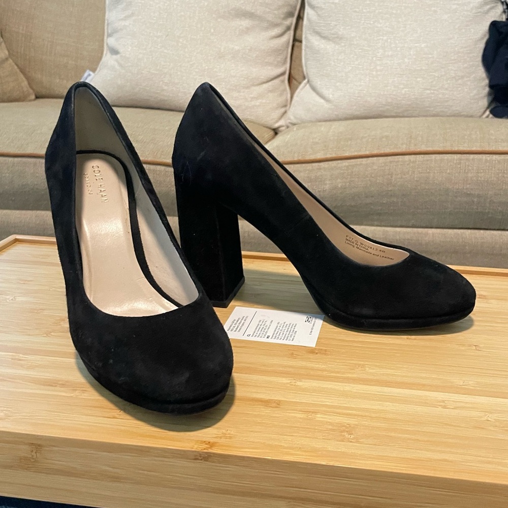 Cole Haan Grand OS suede black block heel pumps